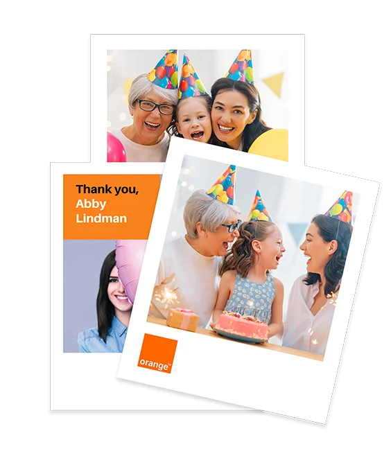 A set of printed photo cards featuring the Orange logo. The main images show three generations—an older woman, a young girl, and a younger woman—wearing colorful party hats and smiling together at a celebration. One card includes a message reading “Thank you, Abby Lindman” alongside a picture of a woman holding a pink heart-shaped balloon.